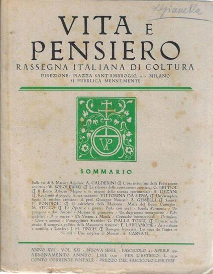 Vita e pensiero anno 1920 n. 4 - Agostino Gemelli - copertina