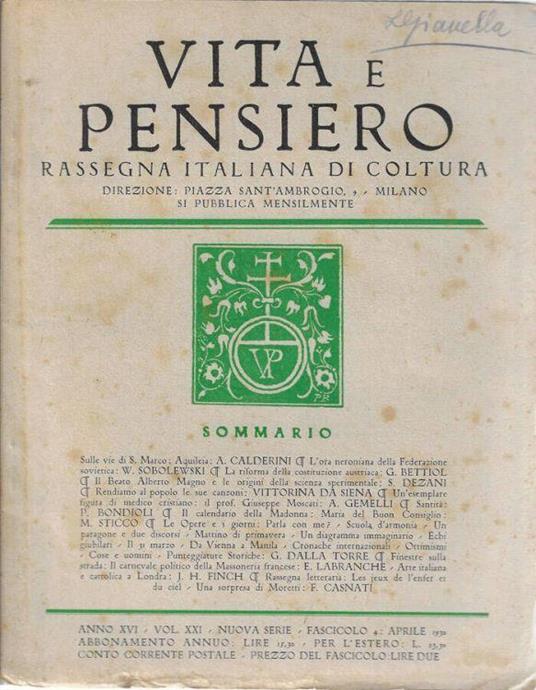 Vita e pensiero anno 1920 n. 4 - Agostino Gemelli - copertina