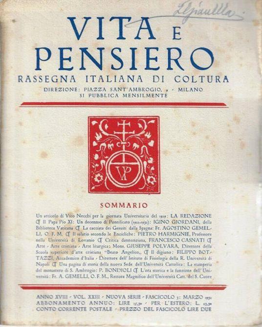 Vita e pensiero anno 1932 n. 3 - Agostino Gemelli - copertina