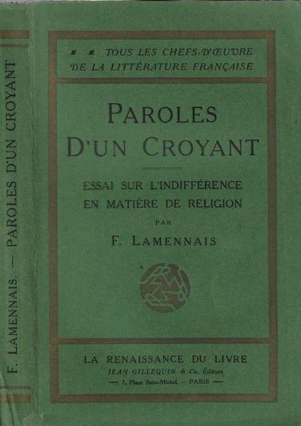 Paroles d'un croyant - Félicité de Lamennais - copertina