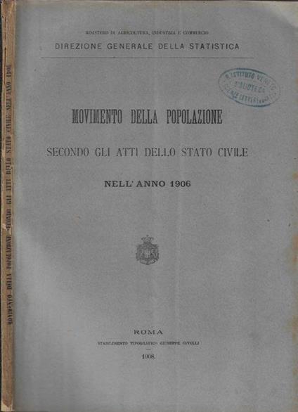 Movimento della popolazione secondo gli atti dello Stato Civile Serie nell'anno 1906 - copertina