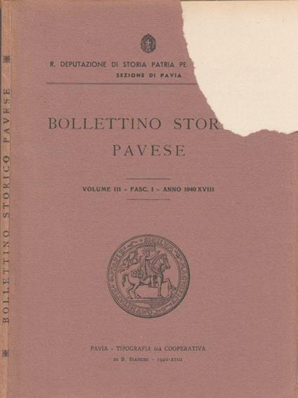 Bollettino storico pavese vol III fasc I anno 1940 - copertina