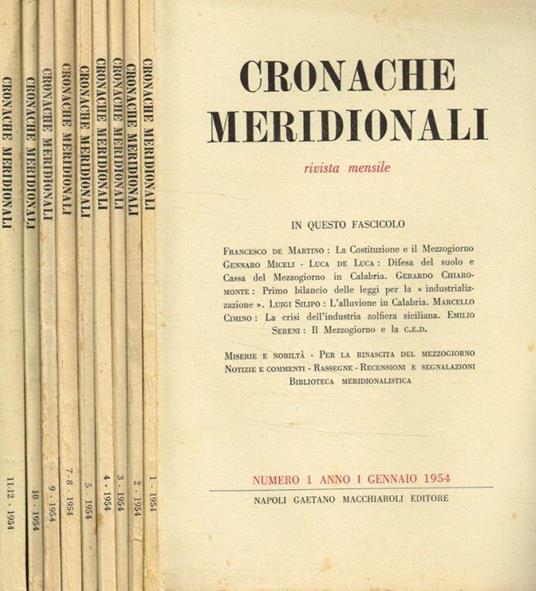 Cronache meridionali. Rivista mensile anno I, 1954, fasc.1, 2, 3, 4, 5, 7/8, 9, 10, 11/12 - copertina