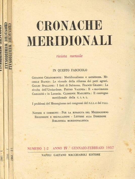 Cronache meridionali. Rivista mensile anno IV, 1957, fasc.1/2, 3, 5 - copertina