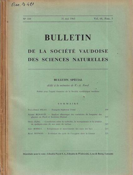 Bulletin de la Société Vaudoise des sciences naturelles N. 310, 311, 312 1963 - copertina