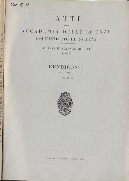 Atti della Accademia delle Scienze dell'Istituto di Bologna Classe di Scienze Morali anno 80° - copertina