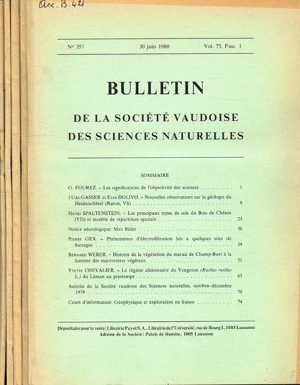 Bulletin de la Société Vaudoise des sciences naturelles vol.75 fasc.1, 2, 3, 4, 1980-1981 - copertina