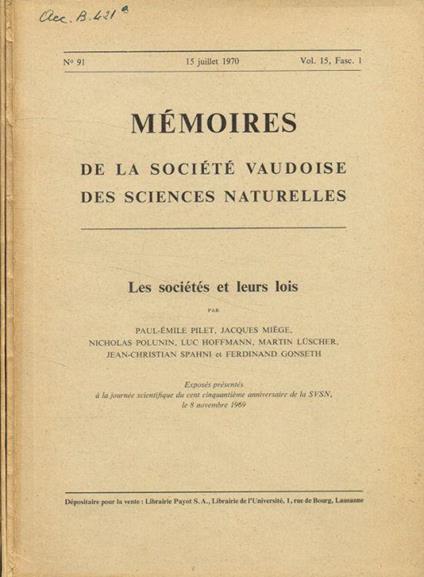 Mémoires de la société vaudoise des sciences naturelles vol.15 fasc.1, 2, anno 1970-72 - copertina