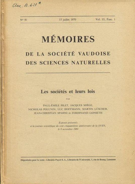Mémoires de la société vaudoise des sciences naturelles vol.15 fasc.1, 2, anno 1970-72 - copertina