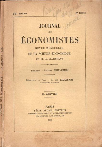 Journal des économistes 68° année 6° sèrie 15 janvier 1909 - copertina