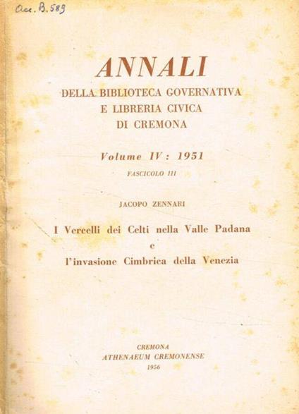 Annali della Biblioteca Governativa e Libreria Civica di Cremona. Volume IV: 1951 fascicolo III - copertina