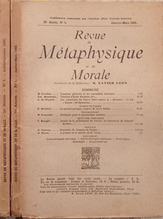 Revue de Métaphysique et de Morale N.1 1925 - copertina