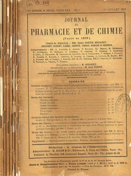 Journal de pharmacie et de chimie. Serie 8, tome XXX fasc.1, 2, 3/4, 5/6, 7/8, 9/10, 11. Anno 1939 - copertina