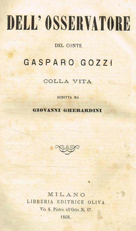 Dell'osservatore del conte Gasparo Gozzi colla vita - Giovanni Gherardini - copertina