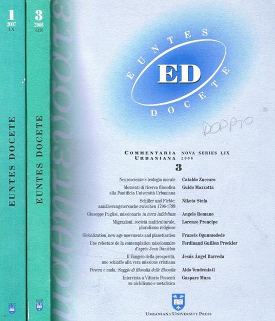 ED. Euntes Docete. Commentaria Urbaniana nuova serie LIX n.3, 2006. LX n.1, 2007 - copertina
