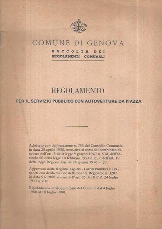 Regolamento per il Servizio Pubblico con autovettura di Piazza - copertina