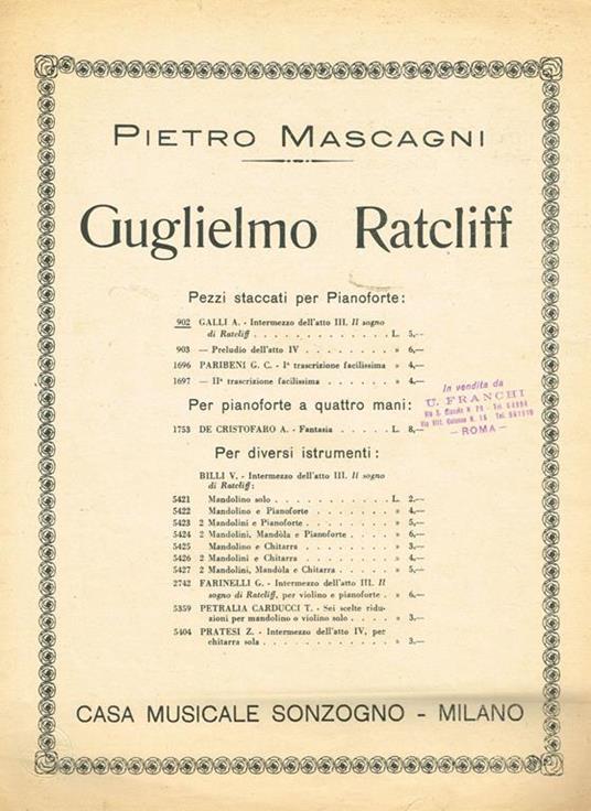 Guglielmo ratcliff - Pietro Mascagni - copertina