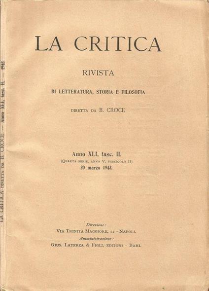 La Critica. Rivista di Letteratura, Storia e Filosofia - Benedetto Croce - copertina
