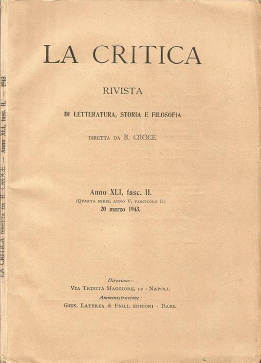 La Critica. Rivista di Letteratura, Storia e Filosofia - Benedetto Croce - copertina