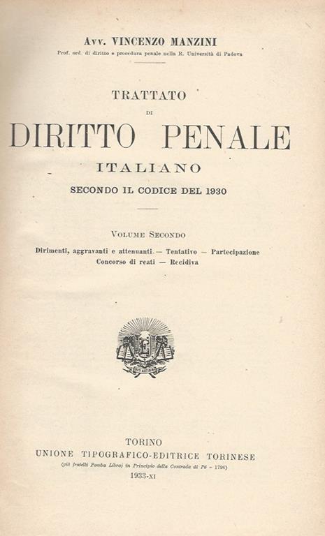 Diritto Penale. Vol. II. Secondo il codice del 1930 - Vincenzo Manzini - copertina