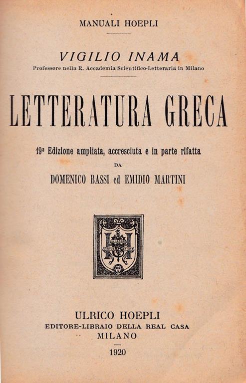 Letteratura greca - Virgilio Inama - copertina