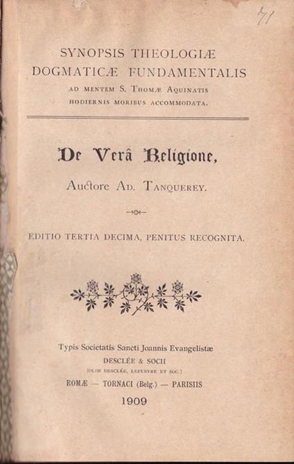 De vera religione - Adolphe Tanquerey - copertina