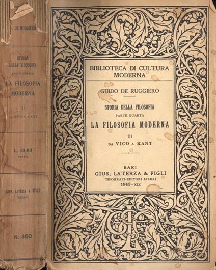 Storia della filosofia (parte quarta). La filosofia moderna III Da Vico a Kant - Guido De Ruggiero - copertina