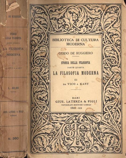 Storia della filosofia (parte quarta). La filosofia moderna III Da Vico a Kant - Guido De Ruggiero - copertina