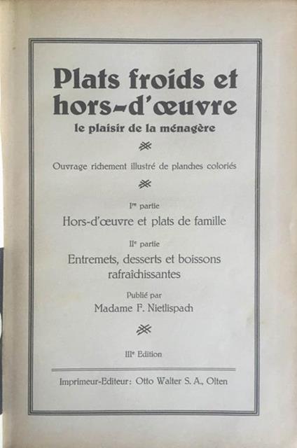 Plats froids et hors-d'oeuvre. Le plaisir de la ménagére - F. Nietlispach - copertina