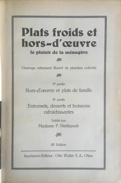 Plats froids et hors-d'oeuvre. Le plaisir de la ménagére - F. Nietlispach - copertina