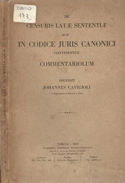 De Censuris Latae Sententiae quae in Codice Juris Canonici. Commentariolum - Johannes Cavigioli - copertina