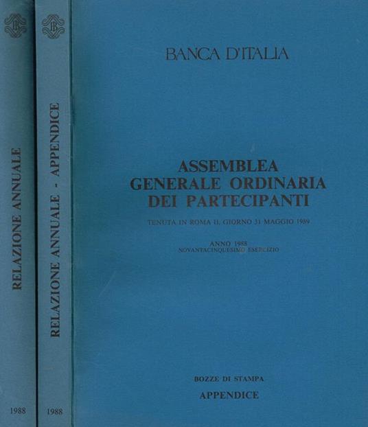 Banca d'italia. Assemblea generale ordinaria dei partecipanti tenuta a roma il giorno 31 maggio 1989. Anno 1988. Bozza di stampa - copertina
