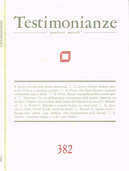 Testimonianze Anno XXXIX N. 382. Quaderni Mensili - copertina