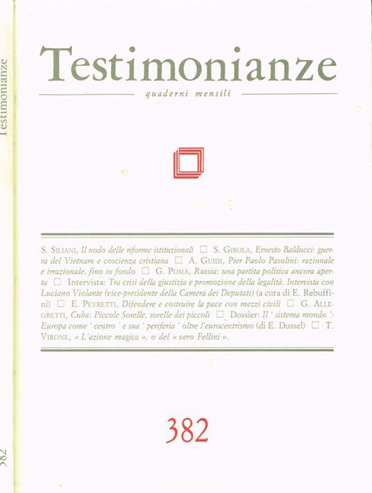 Testimonianze Anno XXXIX N. 382. Quaderni Mensili - copertina