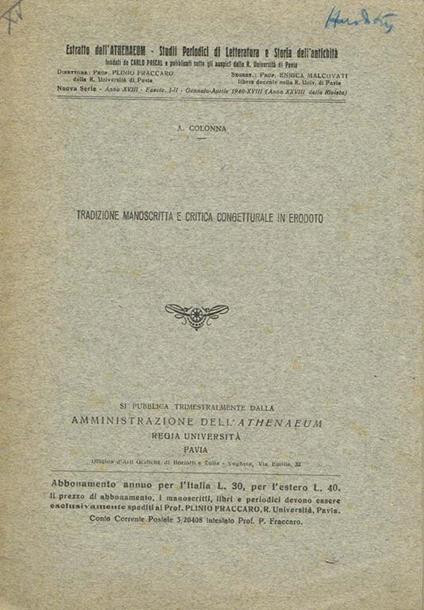 Tradizione Manoscritta E Critica Congetturale In Erodoto. ESTRATTO DALL'ATHENAEUM n.s. anno XVIII fasc.I-II - Aristide Colonna - copertina