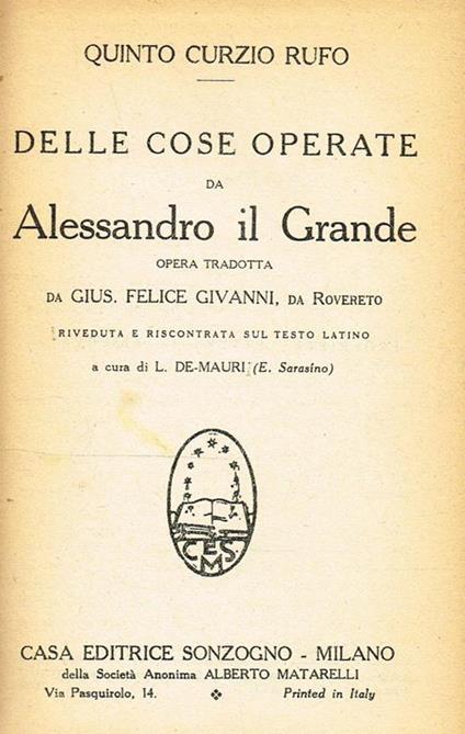 Delle Cose Operate Da Alessandro Il Grande - Quinto Curzio Rufo - copertina