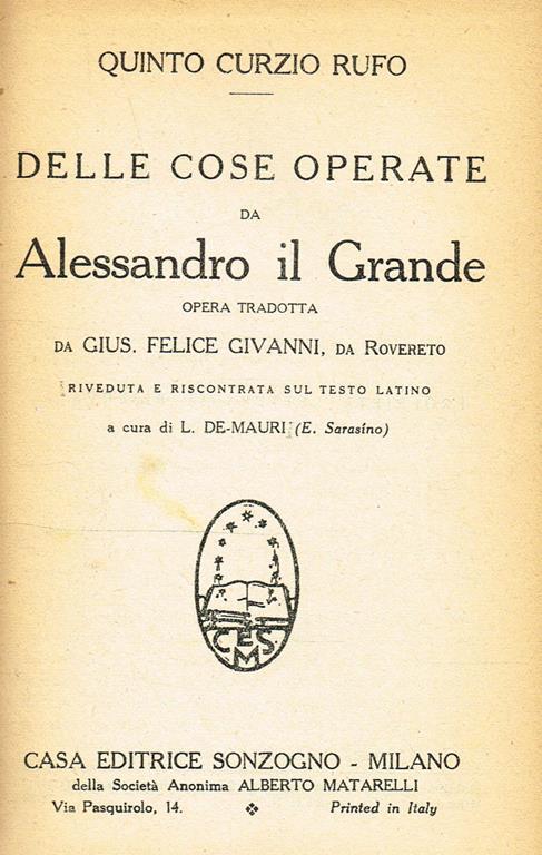 Delle Cose Operate Da Alessandro Il Grande - Quinto Curzio Rufo - copertina