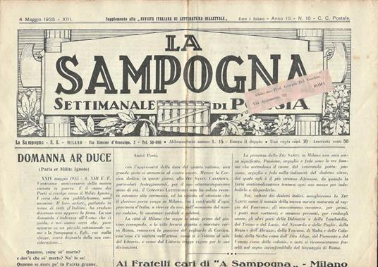 La Sampogna Anno III n. 16. Settimanale di Poesia - copertina
