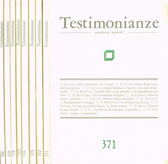 Testimonianze Anno XXXVIII N. 371 372 375 376 377 378 379 380. Quaderni Mensili - copertina