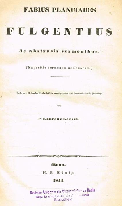 Fulgentius. De Abstrusis Sermonibus - Fabio P. Fulgenzio - copertina