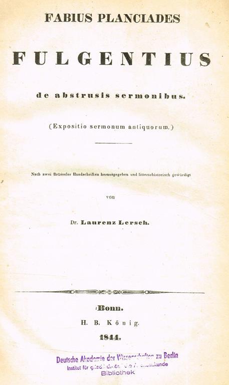 Fulgentius. De Abstrusis Sermonibus - Fabio P. Fulgenzio - copertina