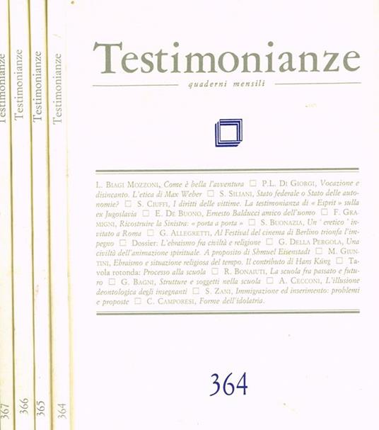 Testimonianze Anno XXXVII N.364 365 366 367. Quaderni Mensili - copertina