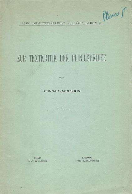 Zur textkritik der Pliniusbriefe - Gunnar E. Carlsson - copertina
