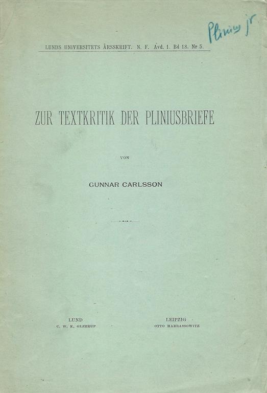 Zur textkritik der Pliniusbriefe - Gunnar E. Carlsson - copertina