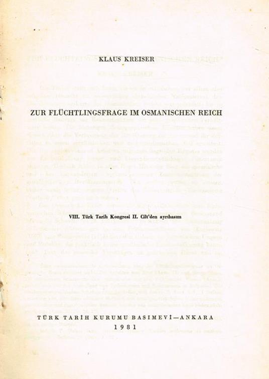 Zur Fluchtlingsfrage Im Osmanischen Reich. Estratto Dall' Viii Congresso Turco - Klaus Kreiser - copertina