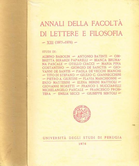 Annali Della Facoltà Di Lettere E Filosofia Vol Xiii (1975-1976) - copertina