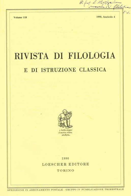 Rivista Di Filologia E Di Istruzione Classica Vol.118 Fascicolo 4. Estratto - copertina