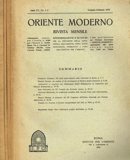 Oriente Moderno Anno Lv Nr. 1-2 3-4 5-6 7-8. Rivista Mensile D'Informazione E Di Studi Per La Diffusione Della Conoscenza Dell'Oriente, Sopra Tutto Musulmano - copertina