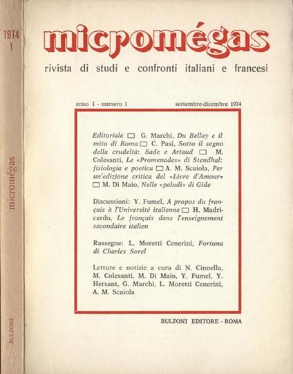 Micromègas Anno I n. I Settembre Dicembre 1974. Rivista di studi e confronti italiani e francesi - copertina