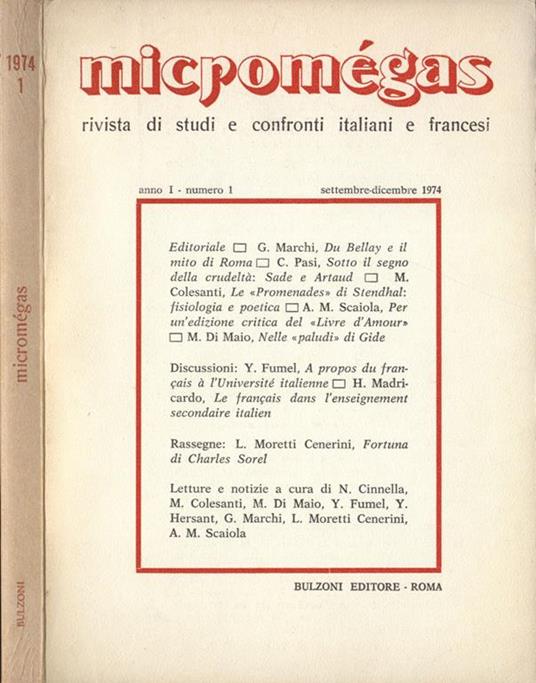 Micromègas Anno I n. I Settembre Dicembre 1974. Rivista di studi e confronti italiani e francesi - copertina
